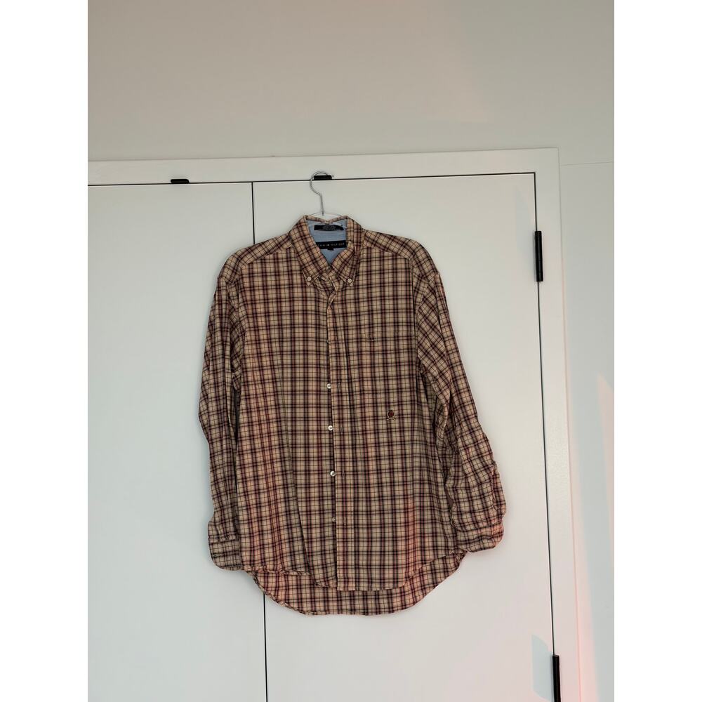 Tommy Hilfiger Men's Button Down Shirt Medium Brown Plaid 100% Cotton L/S